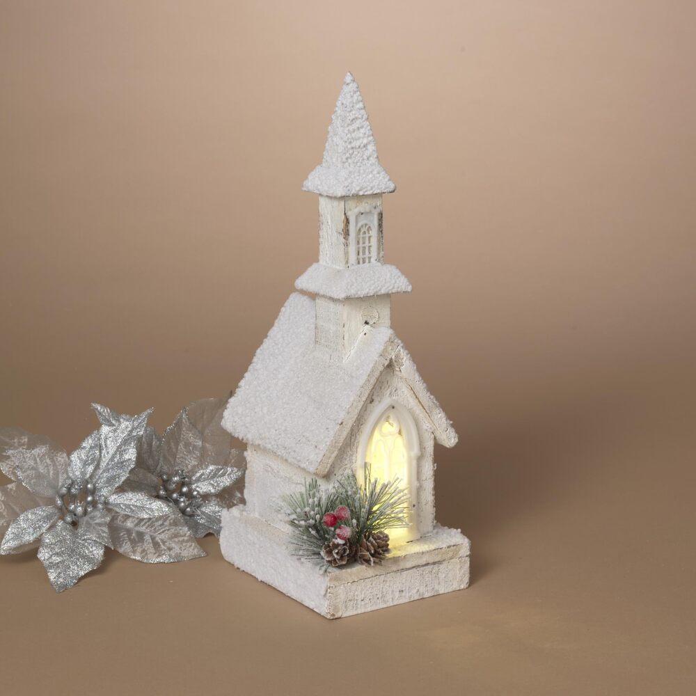 1377 International Lighted Holiday Wood Church with Pine & Timer